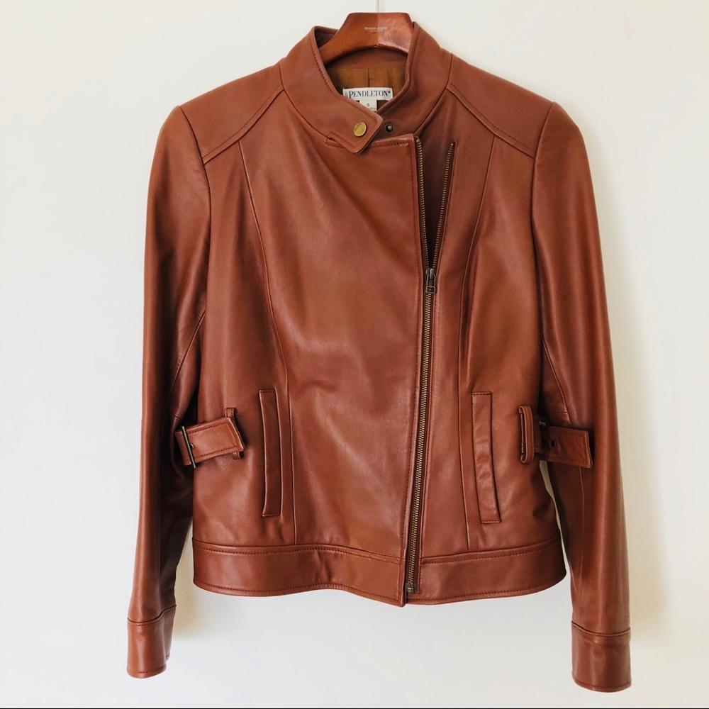 Brown leather moto jacket